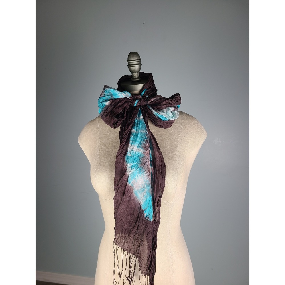 VTG Y2K New York & Company 100% Silk Scarf Fringe Brown Blue Tie Dye NEW